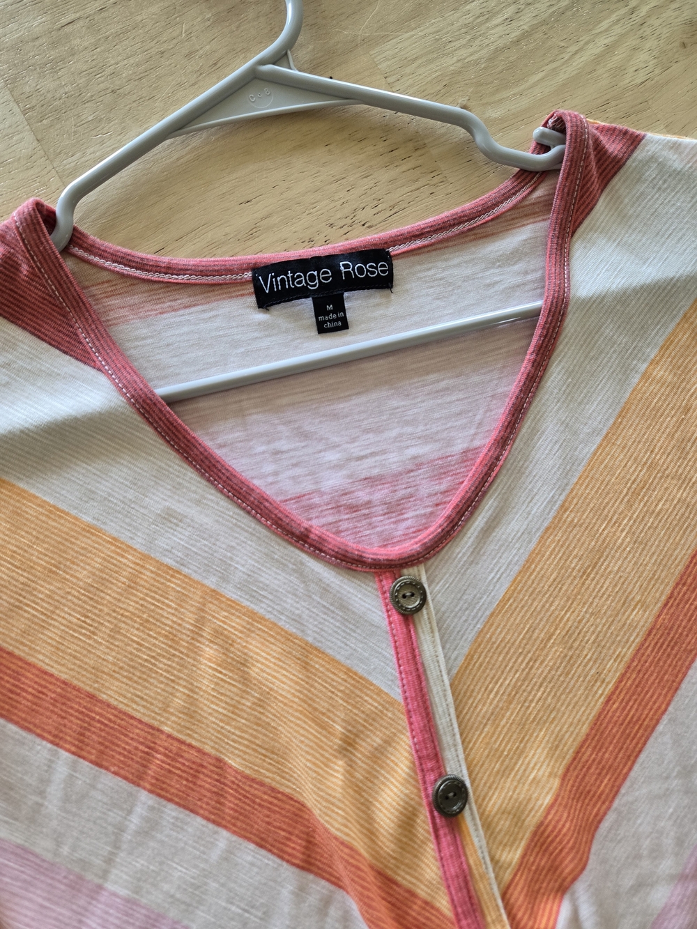 Vintage Rose Chevron Tie-Front V-Neck Top - Pink & Orange Boho Sunset Stripes - Picture 3 of 6